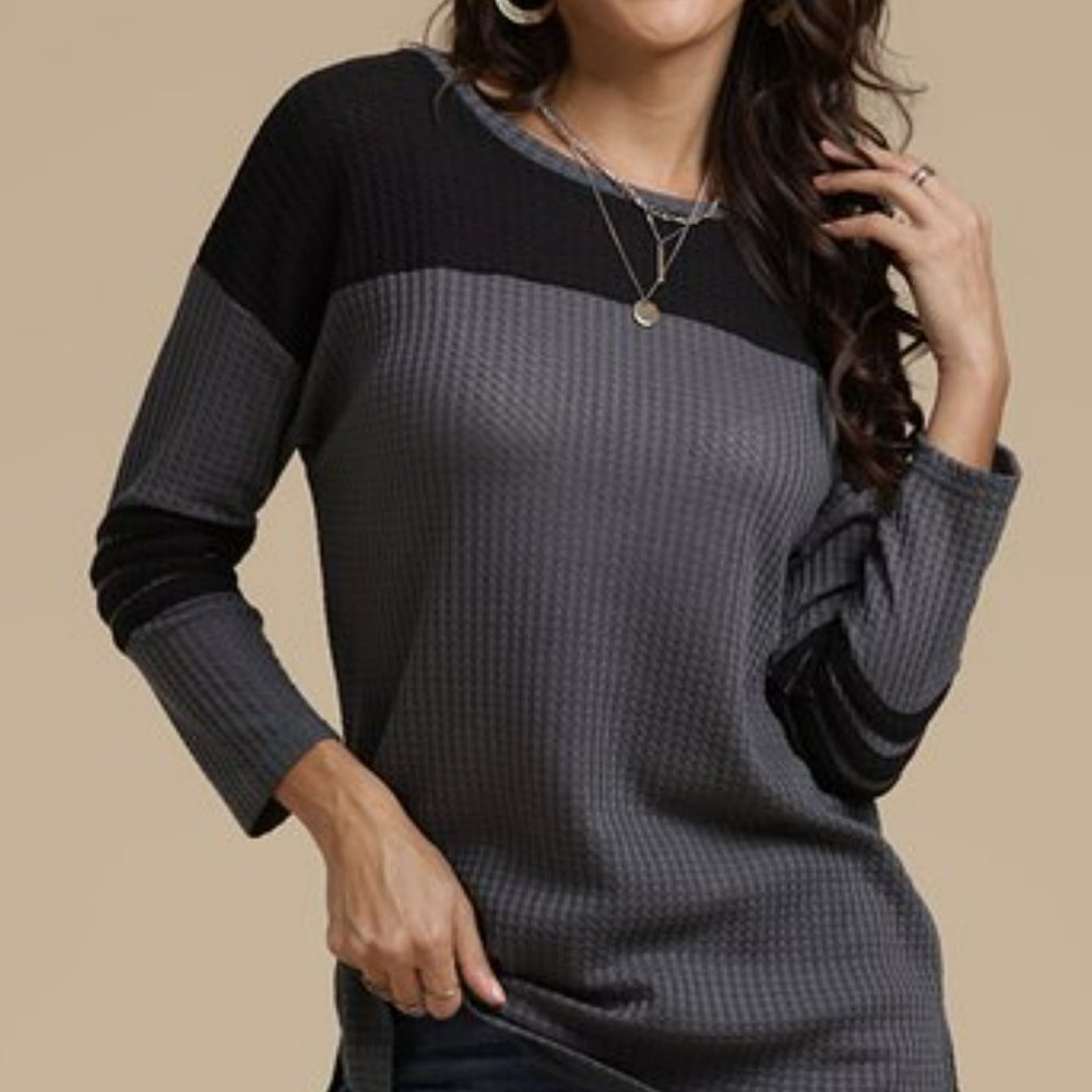 Suzanne Betro Weekend Gray & Black Color Block Rugby Top - Size 2X